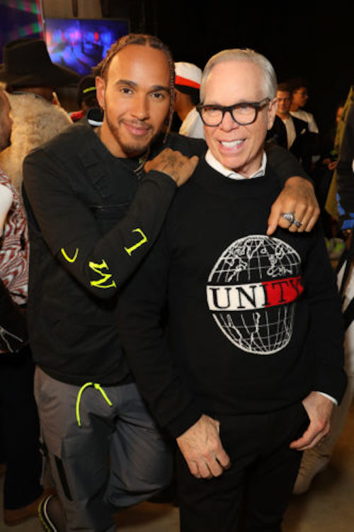 LONDON, ENGLAND - FEBRUARY 16: (L-R) Lewis Hamilton and Tommy Hilfiger backstage at TOMMYNOW London Spring 2020 at Tate Modern on February 16, 2020 in London, England. (Photo by Darren Gerrish/Getty Images for Tommy Hilfiger)