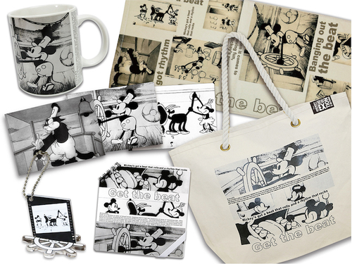 『蒸気船ウィリー』グッズ(一部): 『蒸気船ウィリー』の様々なシーンを切り取ったグッズ