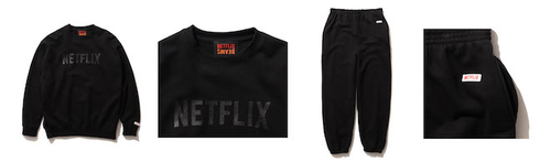 （左から1、2番目）
Netflix × BEAMS CREW NECK SWEATSHIRT
Color:BLACK
Price:¥8,250(inc.tax)
Size:S/M/L/XL
（左から3、4番目）
Netflix × BEAMS SWEAT PANTS
Color:BLACK
Price:¥8,250(inc.tax)
Size:S/M/L/XL