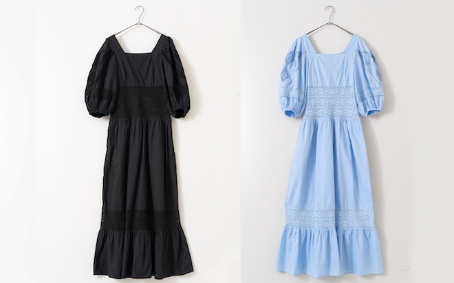〈LACE VOLUME SLEEVE DRESS (BLACK / BLUE) ¥30,800〉
