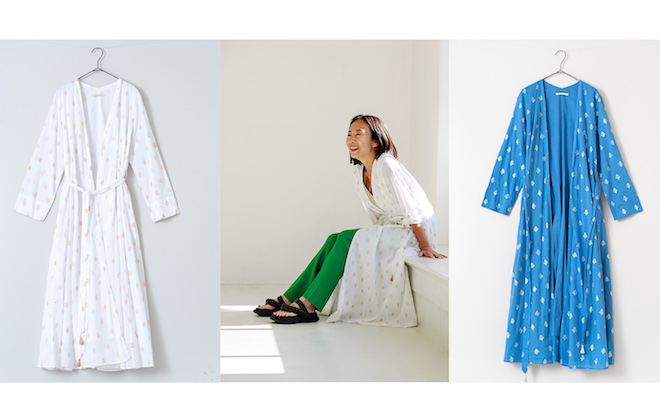 〈C. VOILE PRINT GOWN (WHITE / BLUE ) ¥29,700〉